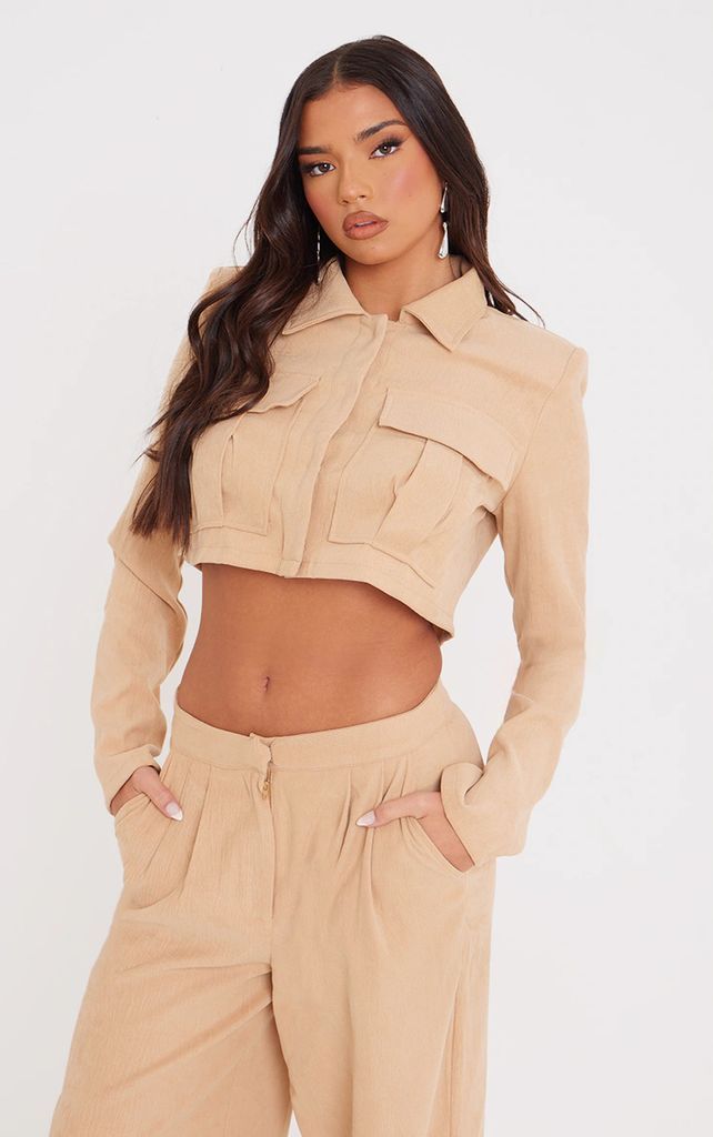 Beige Tailored Cord Boxy Cropped Pocket Detail Jacket, Camel