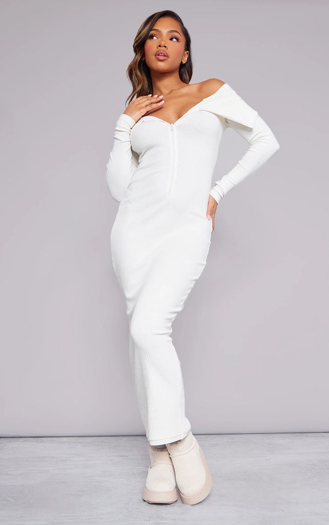 Cream Heavy Rib Fold Over Bardot Midaxi Dress, White