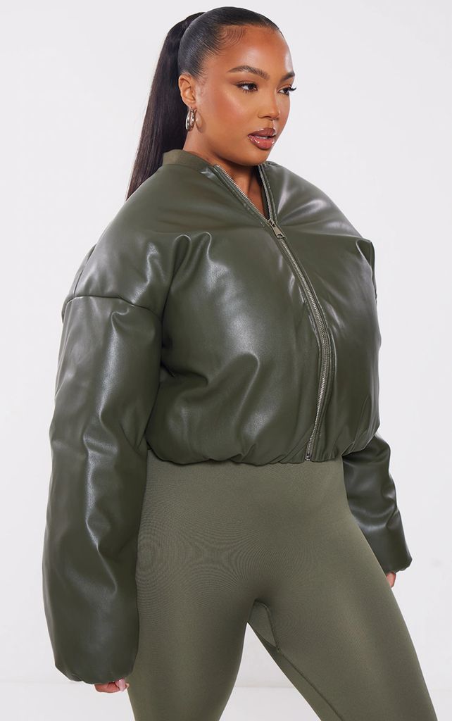 Plus Khaki Faux Leather Oversized Bomber Jacket, Green