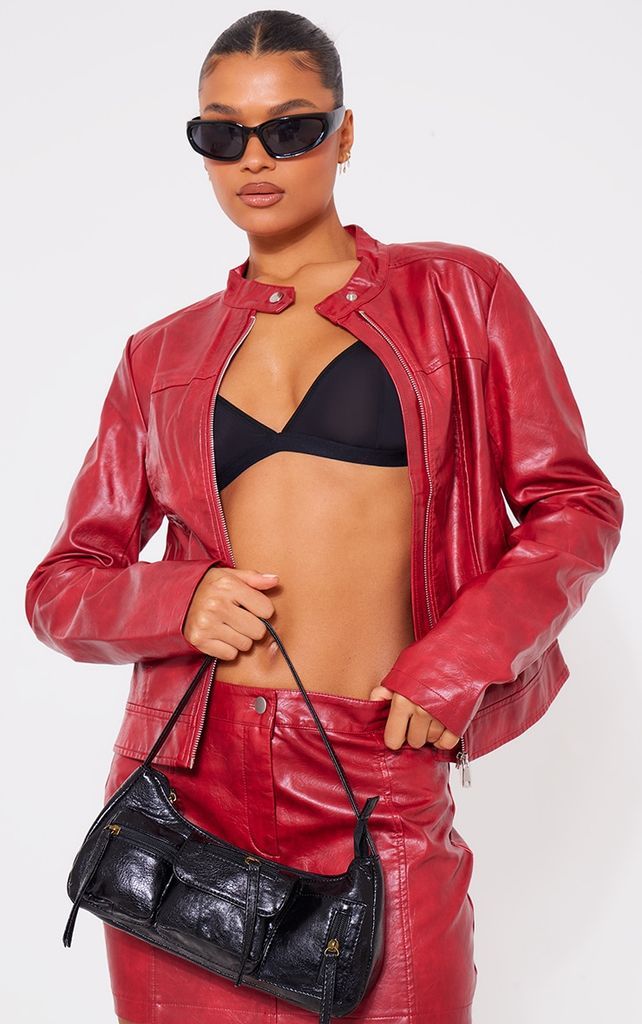 Red Washed Faux Leather Oversized Seam Detail Jacket, Red