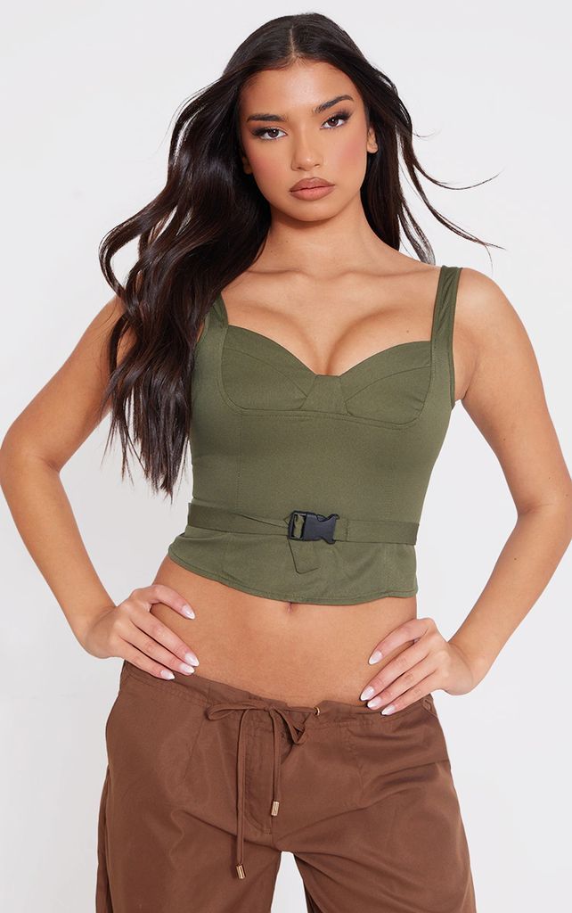 Olive Woven Bust Detail Buckle Front Top, Green