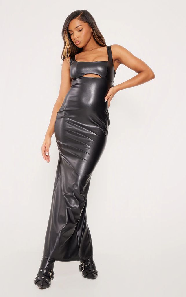 Black Faux Leather Cut Out Midaxi Dress, Black