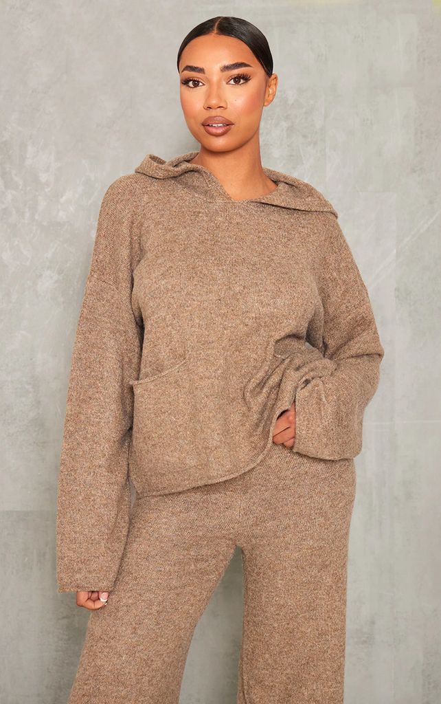 Tall Taupe Luxe Knit Pocket Hooded Jumper, Brown