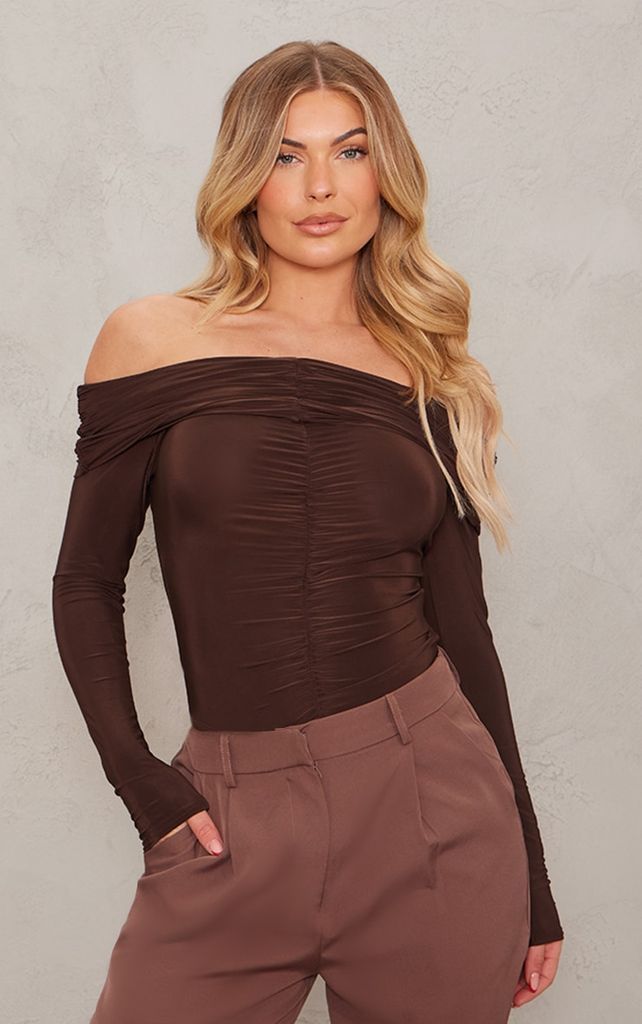 Chocolate Slinky Ruched Front Foldover Bardot Top, Chocolate
