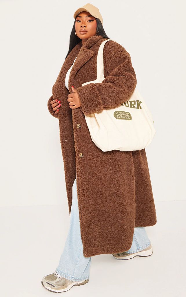 Plus Brown Oversized Teddy Borg Cuff Detail Coat, Brown