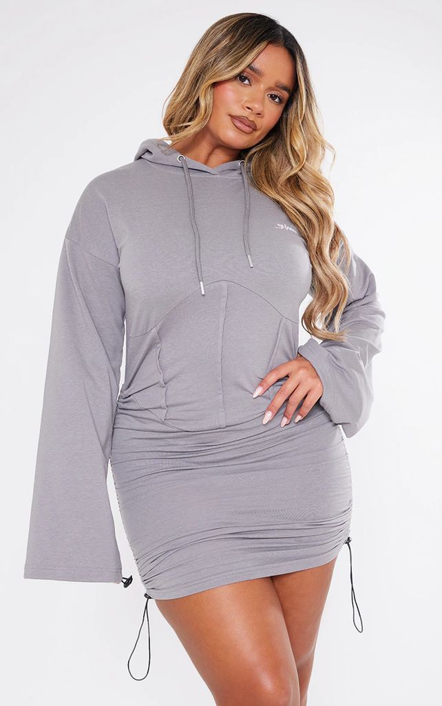 Shape Charcoal Branded Corset Detail Hooded Jumper Dress, Grey