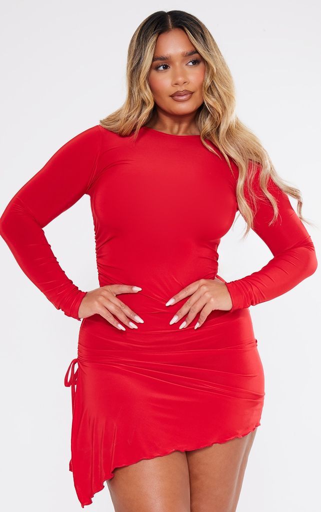 Shape Red Slinky Long Sleeve Ruched Side Frill Hem Bodycon Dress, Red
