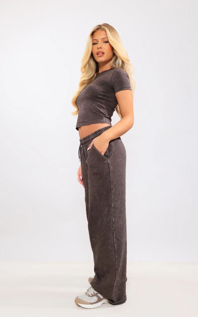 Chocolate Washed Oversized Low Rise Wide Leg Joggers, Chocolate