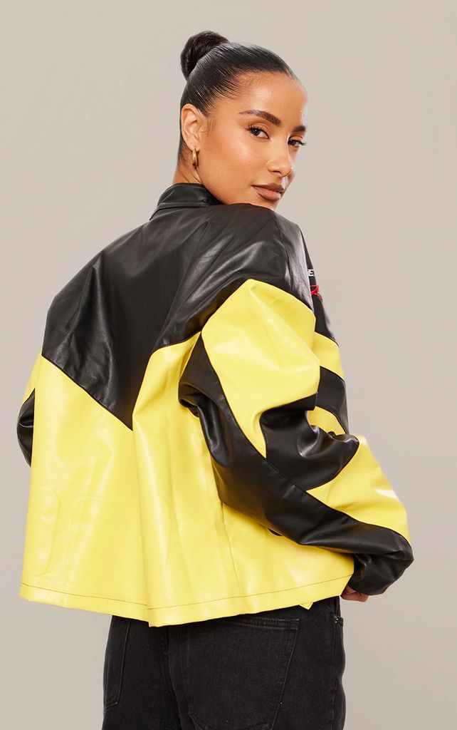 Yellow Faux Leather Contrast Panel Oversized Motocross Jacket, Yellow