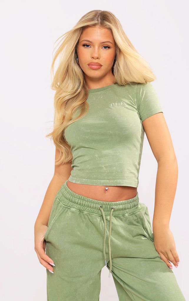 Olive Washed Cotton Longline Fitted T-Shirt, Green