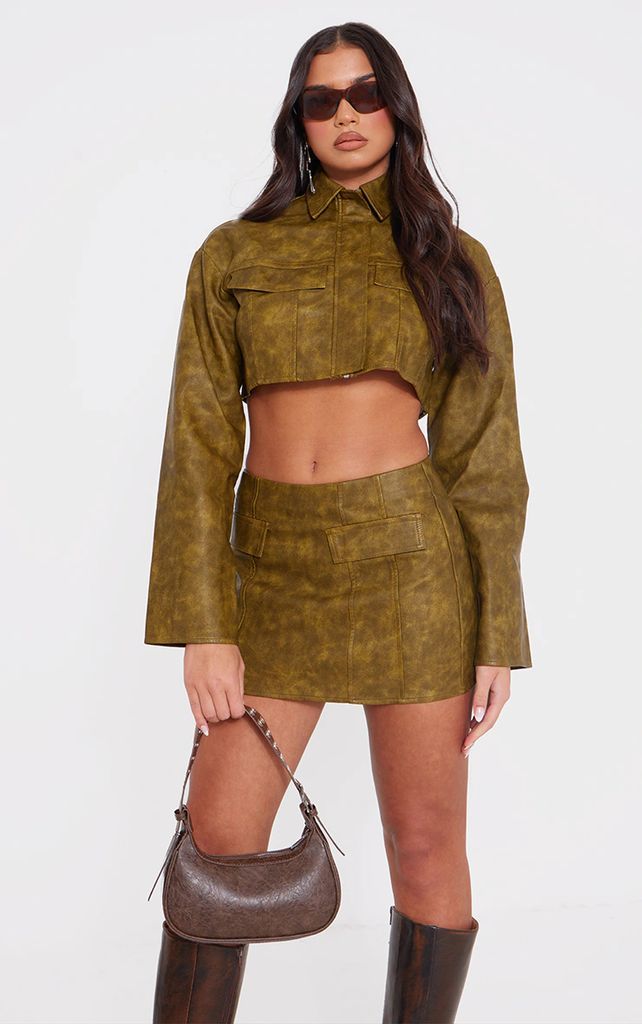 Olive Washed Faux Leather Boxy Cropped Pocket Detail Jacket, Green