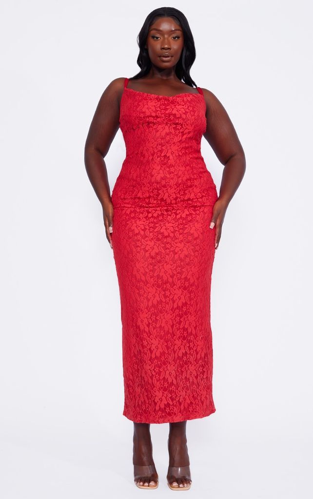 Plus Red Lace Cowl Neck Maxi Dress, Red
