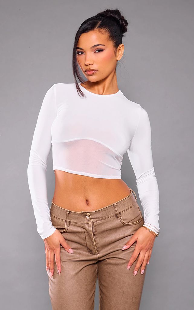White Contrast Fabric Long Sleeve Crop Top, White