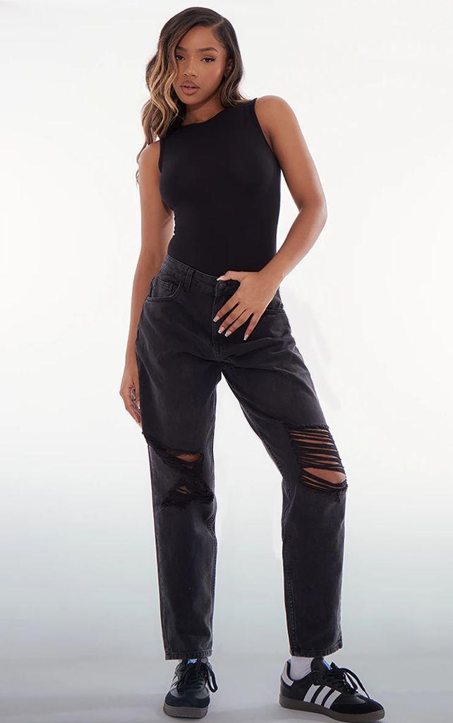 Washed Black Ripped Knee Mom Jeans, Washed Black