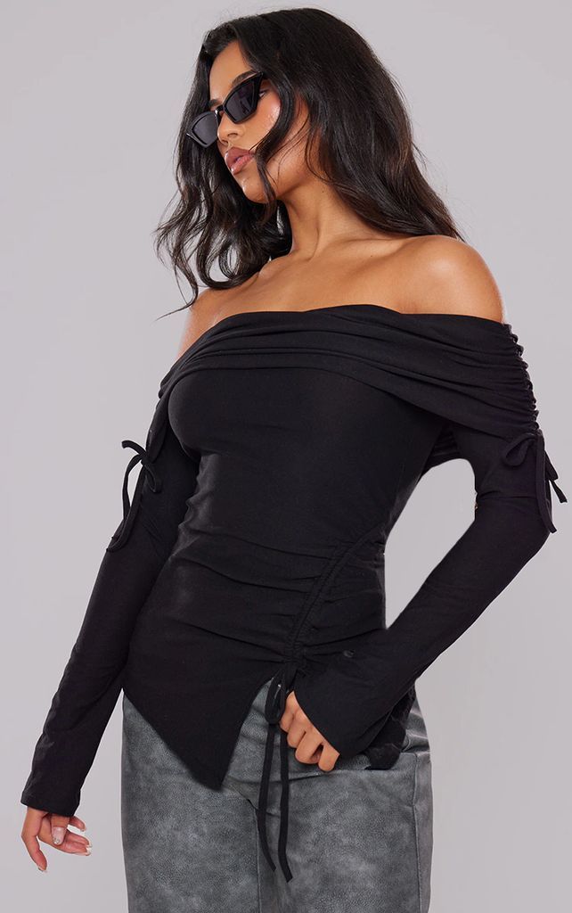 Black Soft Touch Bardot Ruched Tie Side Top, Black