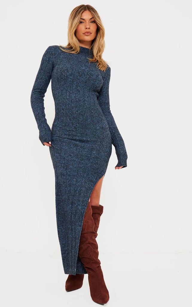 Charcoal Blue Luxe Knit High Neck Long Maxi Dress, Charcoal Blue