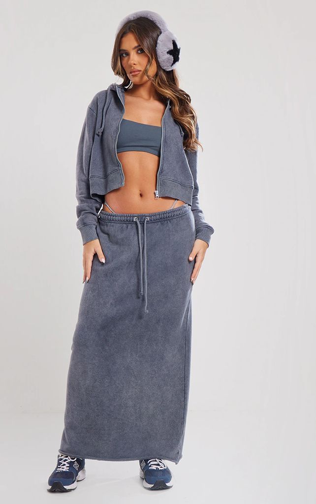 Charcoal Washed Split Hem Low Rise Maxi Skirt, Grey