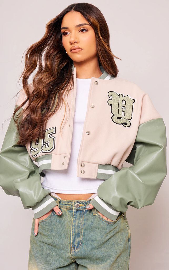 Cream Faux Leather Contrast Sleeve Graphic Bomber Jacket, White