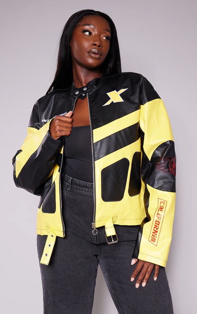Plus Yellow Contrast Panel Oversized Faux Leather Motocross Jacket, Yellow