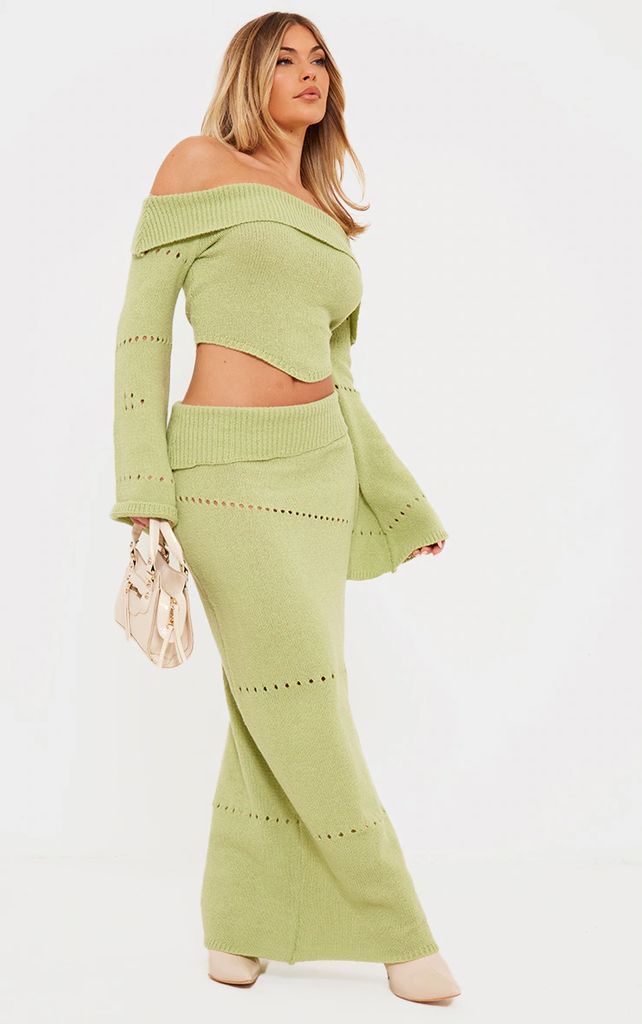 Sage Green Fold Over Knit Maxi Skirt, Sage Green