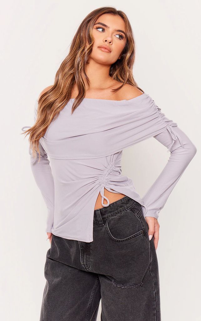 Grey Soft Touch Bardot Ruched Tie Side Top, Grey