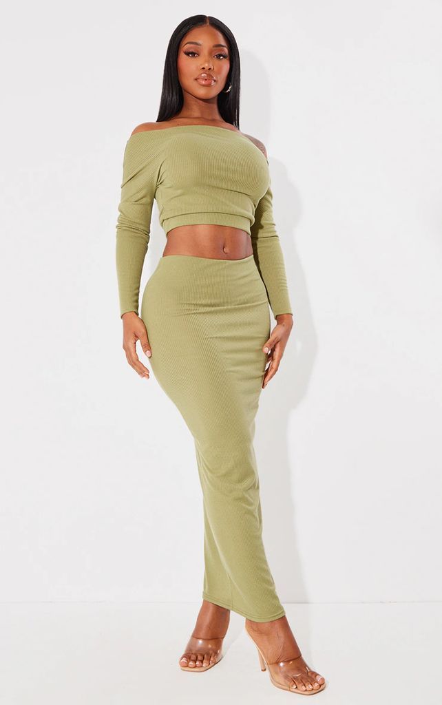 Shape Olive Rib Maxi Skirt, Green