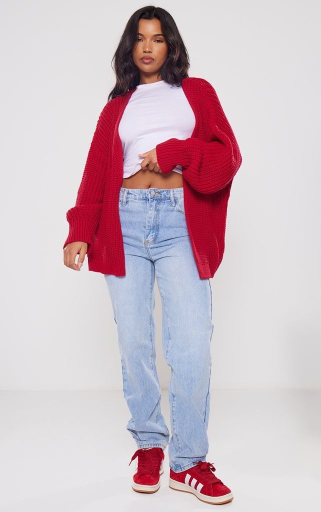 Red Chunky Knit Slouchy Cardigan, Red