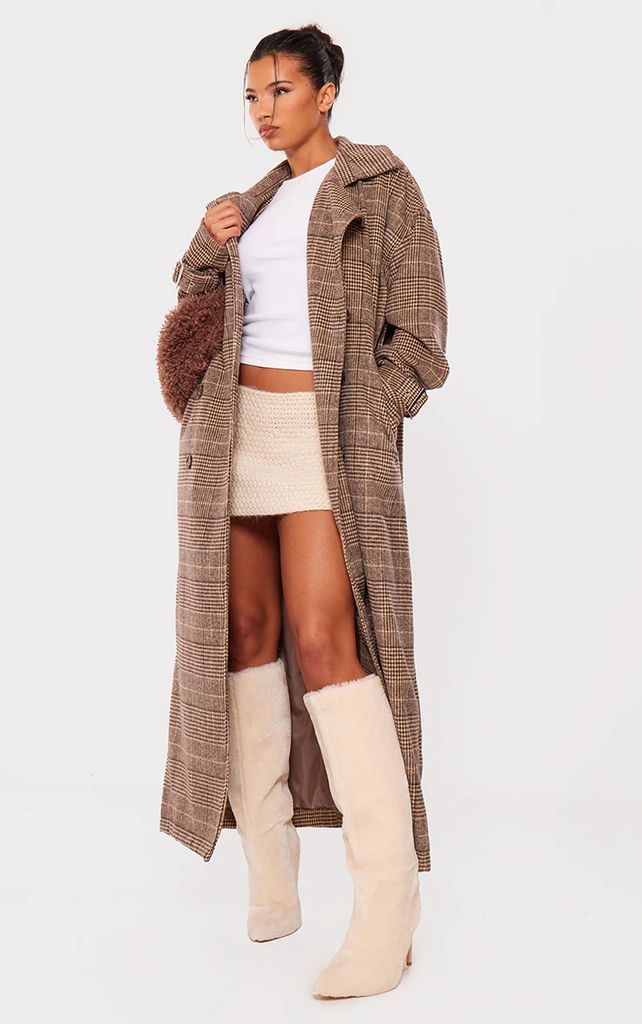 Brown Checked Button Up Trench Coat, Brown