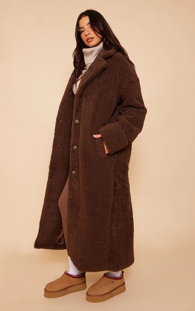 Brown Oversized Teddy Borg Cuff Detail Coat, Brown