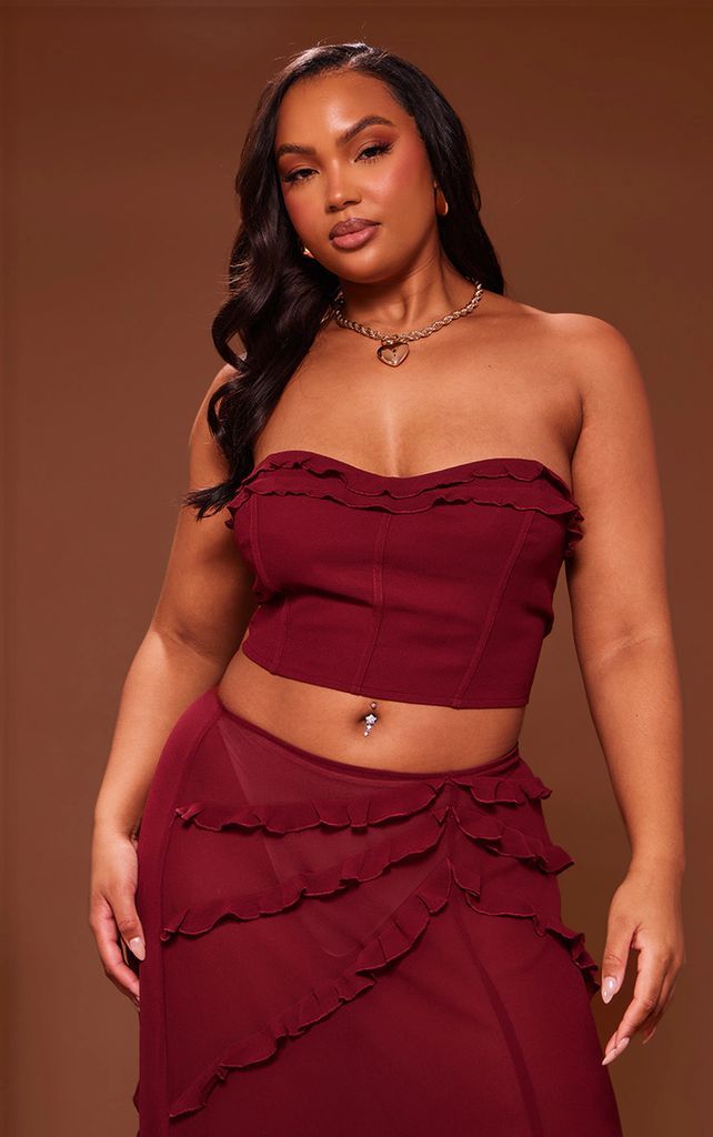 Plus Cherry Red Chiffon Frill Crop Top, Cherry Red
