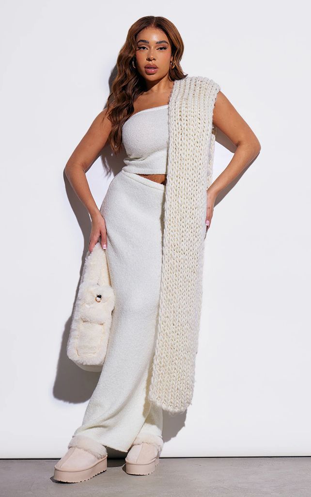 Plus Cream Brushed Knitted Maxi Skirt, White