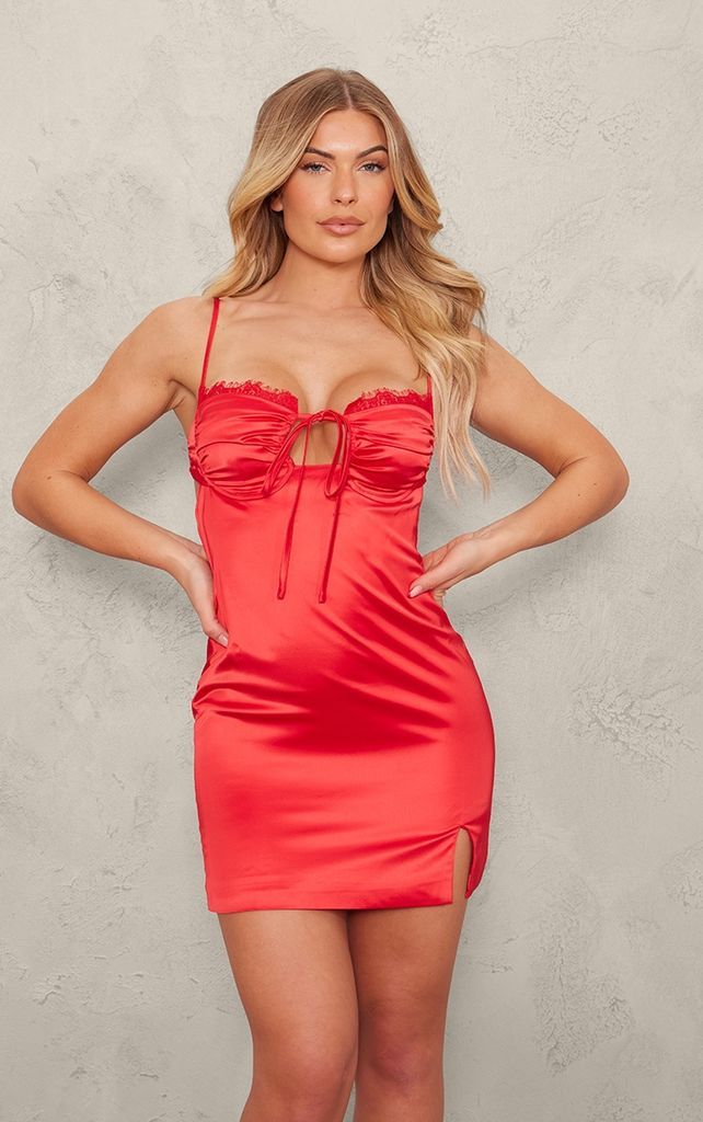 Red Satin Tie Front Cup Detail Mini Dress, Red