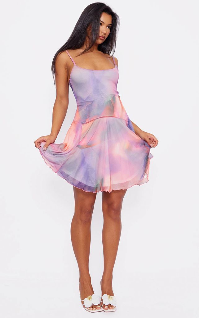 Pink Abstract Strappy Frill Shift Dress, Pink