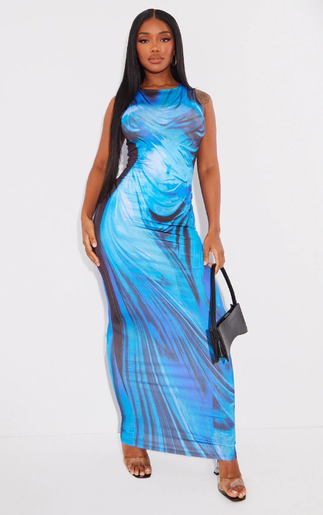 Shape Bright Blue Drape Statue Printed Racer Maxi Dress, Bright Blue