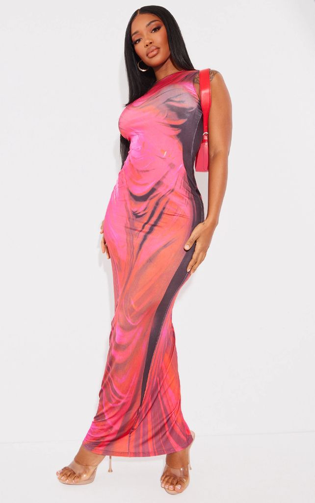 Shape Bright Red Drape Statue Printed Racer Maxi Dress, Bright Red