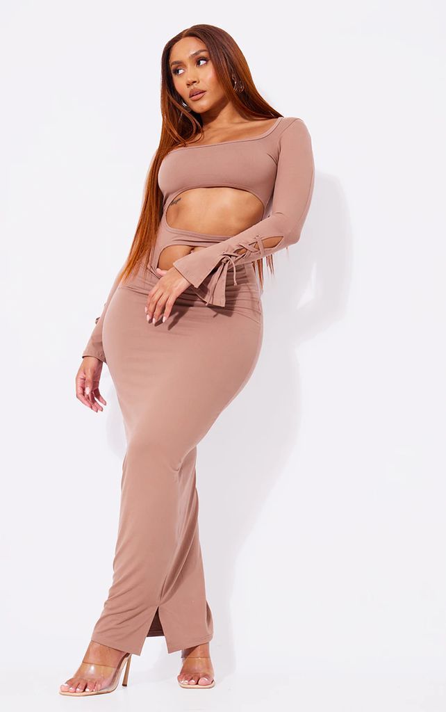 Shape Taupe Sculpted Tie Cuff Cut Out Maxi Dress, Brown