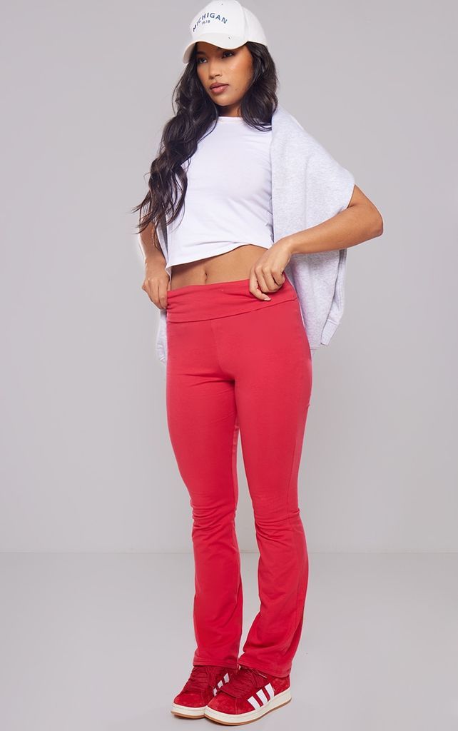 Cherry Red Cotton Fold Over Waist Flare Trousers, Cherry Red