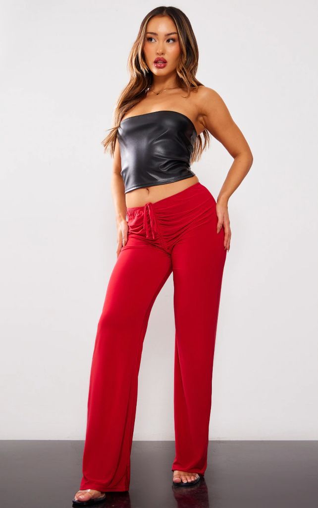 Petite Red Slinky Ruched Front Trousers, Red