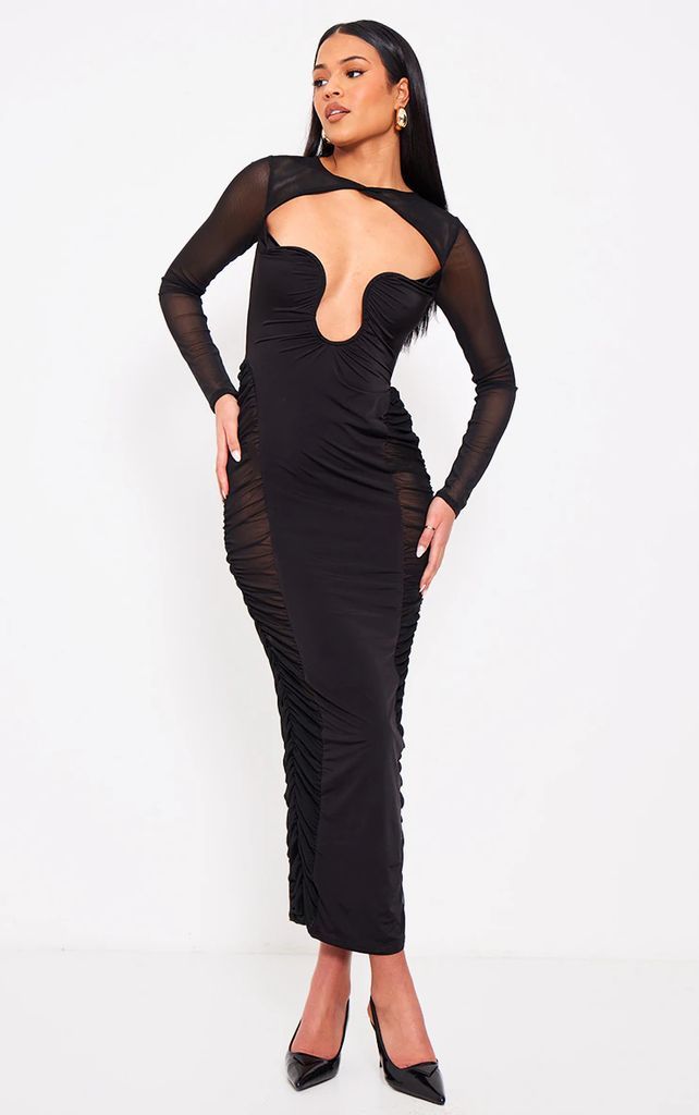 Tall Black Cut Out Detail Mesh Ruched Midaxi Dress, Black