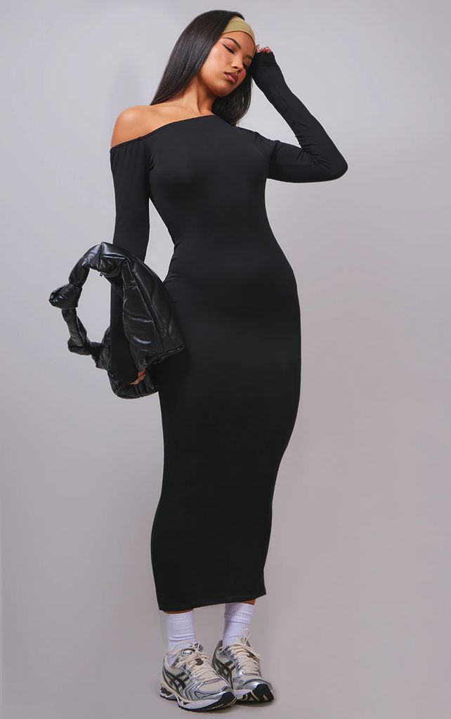 Black Asymmetric Neck Split Detail Maxi Dress, Black
