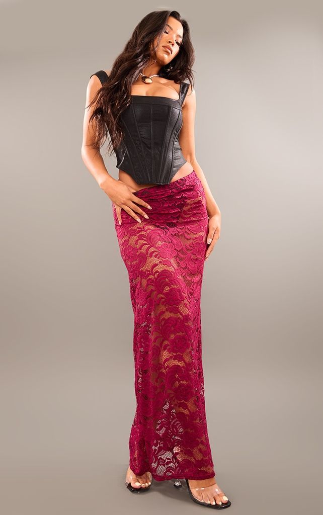 Cherry Red Floral Lace Maxi Skirt, Cherry Red
