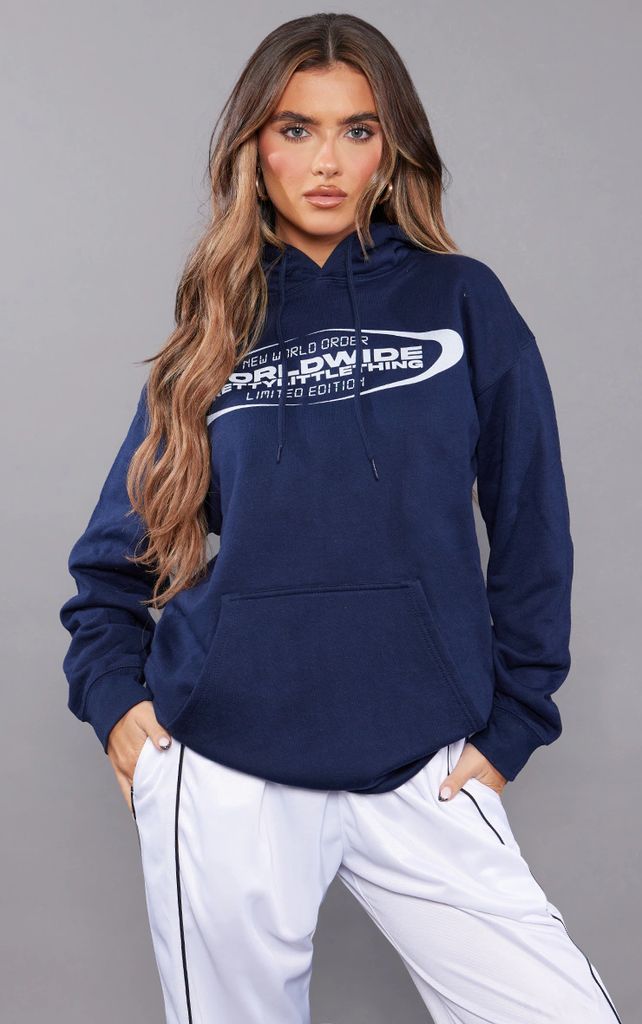 Navy Worldwide Slogan Oversized Hoodie, Blue