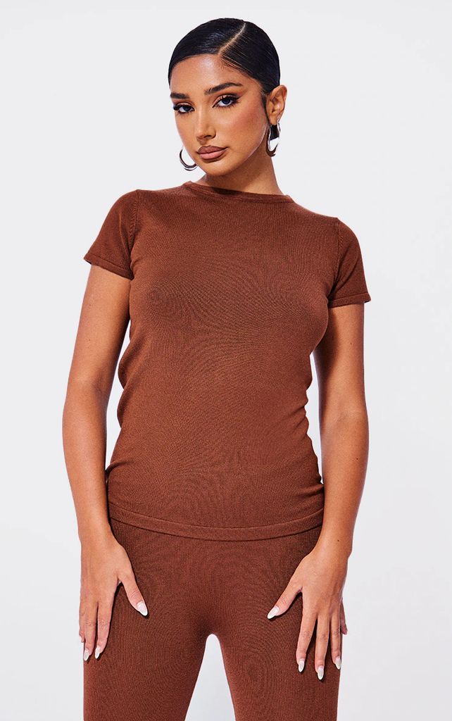 Petite Coffee Knitted Crew Neck Top, Coffee