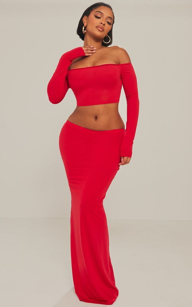 Shape Red Contour Jersey Low Rise Maxi Skirt, Red