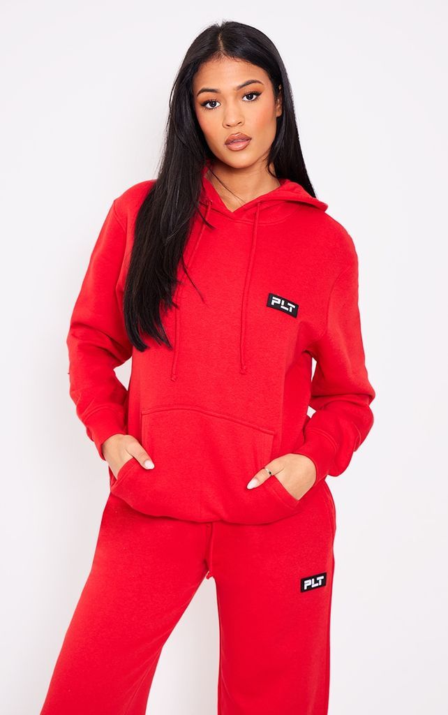 Tall Red Logo Badge Detail Oversized Hoodie, Red