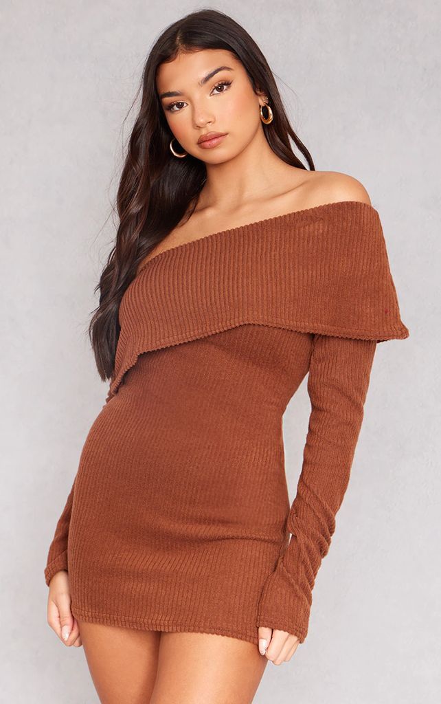 Chocolate Ribbed Long Sleeve One Shoulder Asymmetric Bardot Mini Dress, Chocolate