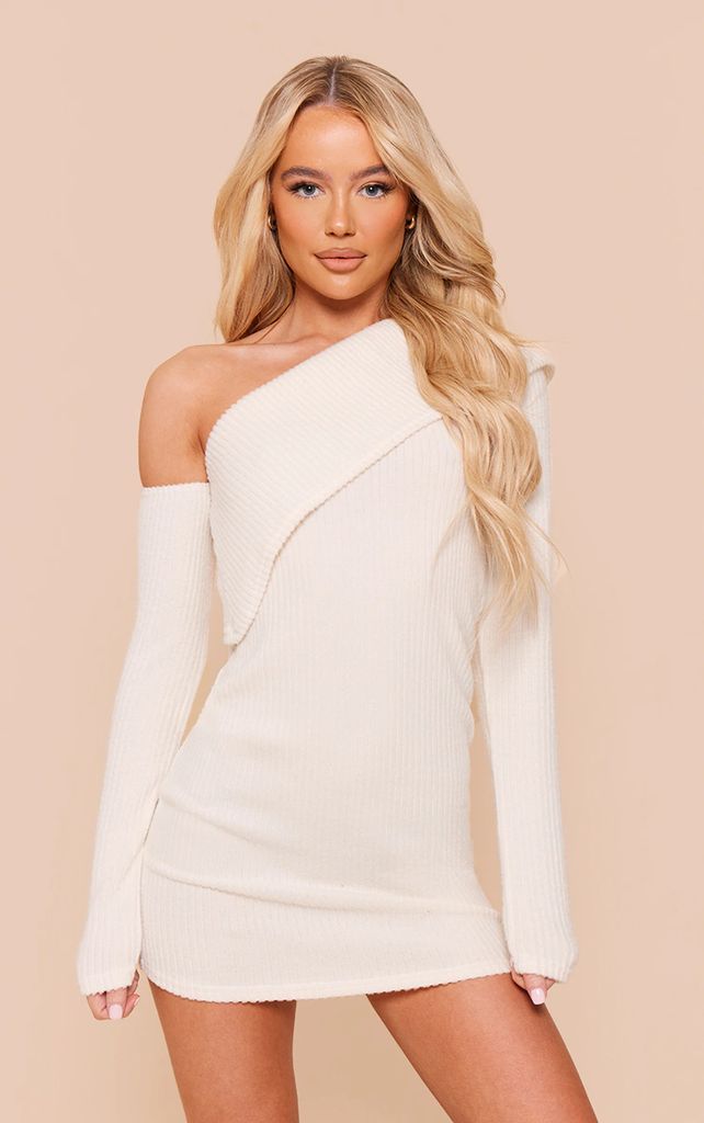 Cream Ribbed Long Sleeve One Shoulder Asymmetric Bardot Mini Dress, White