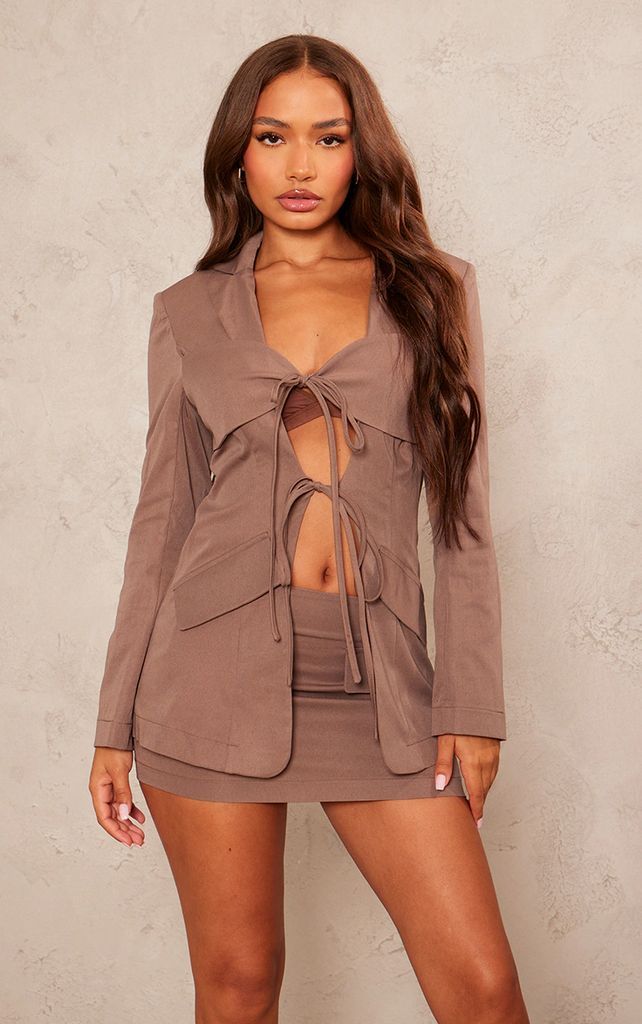 Petite Taupe Tie Detail Fitted Blazer, Brown