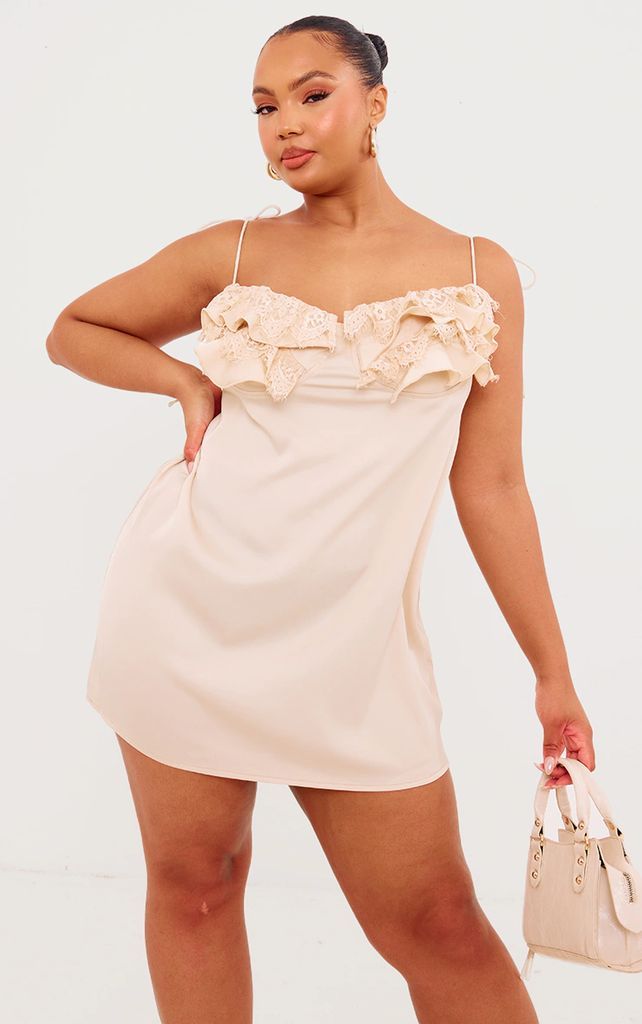 Plus Cream Satin Lace Cup Detail Tie Shoulder Mini Dress, White