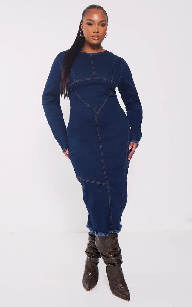 Plus Mid Blue Wash Seam Detail Denim Bodycon Maxi Dress, Mid Blue Wash